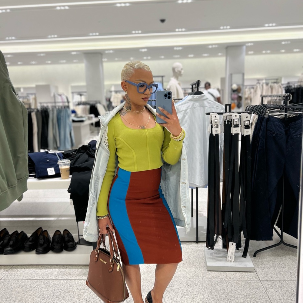 Jealous Tomato Orange and Blue Colorblock Pencil Skirt Knee-Length Casual